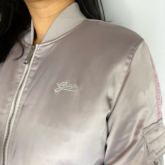 PINK GUESS LONG SATIN BOMBER JACKET - Picture 2 of 6